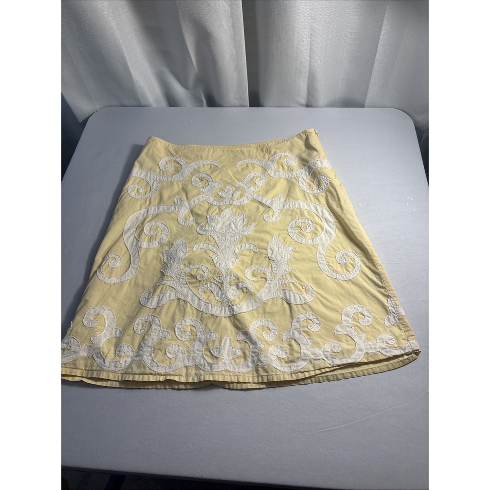 Boden Floral Applique Embroidered Twill Skirt 14R Yellow Lined Artsy Cottagecore